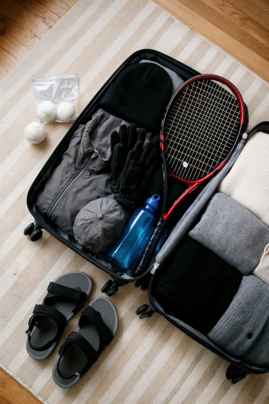 Tennis bag packed with racquet and gear