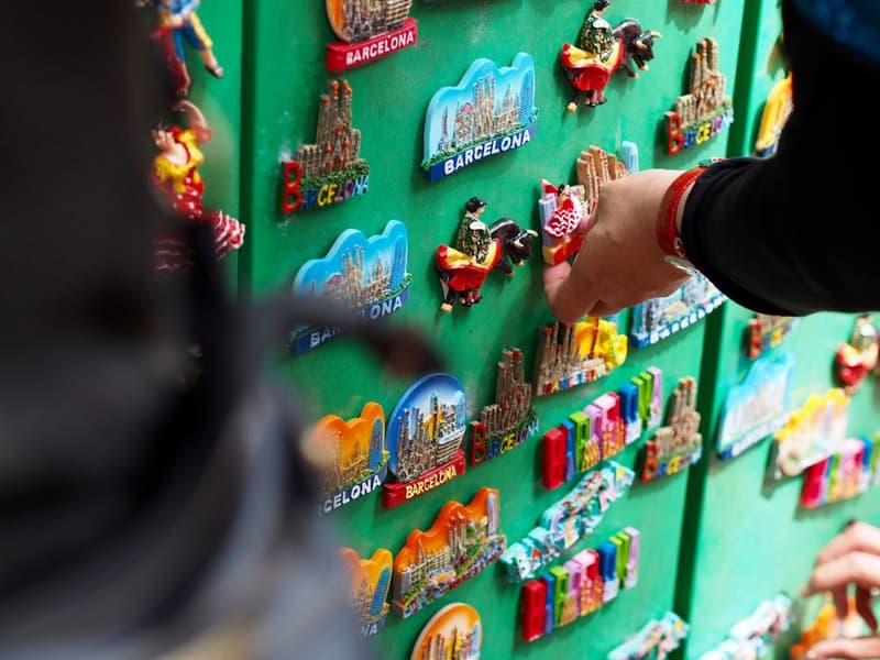 Souvenir magnets display at a market