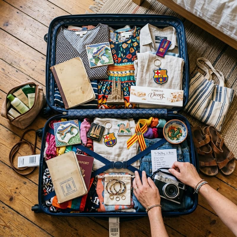 Colourful suitcase packed with souvenirs