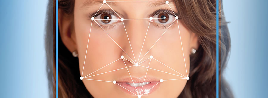 Young woman showing facial recognition overlay